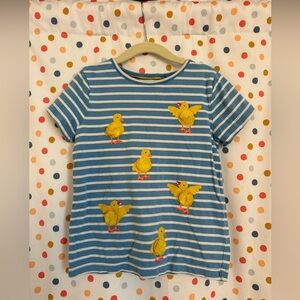 Boden White and Blue Striped Tee Shirt Chick Applique Kid 7/8 Short Sleeves